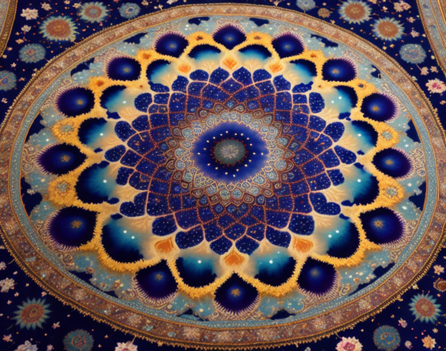 Detailed blue and gold radial symmetry ceiling pattern.