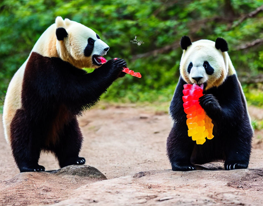 Playful pandas eating colorful gummy candies