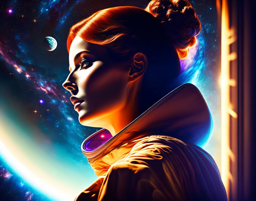 Stylized illustration of woman in retro-futuristic astronaut suit gazing at vibrant cosmos