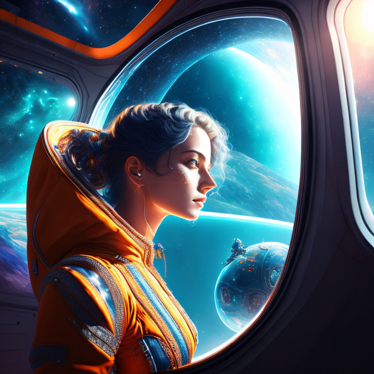 Female astronaut in space suit looks out spaceship window at blue planet and stars