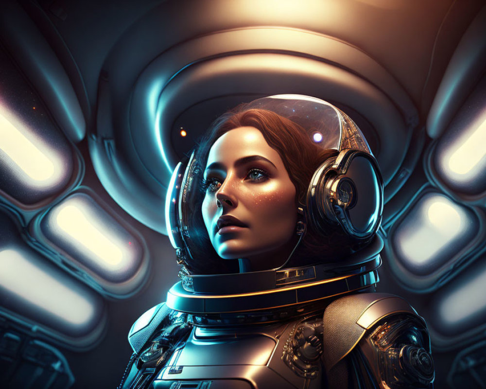Female astronaut in futuristic space suit against sci-fi corridor background