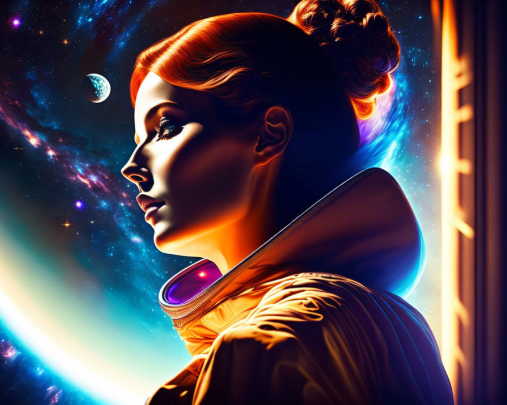 Stylized illustration of woman in retro-futuristic astronaut suit gazing at vibrant cosmos