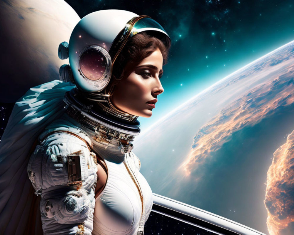 Detailed Spacesuit Astronaut Gazing at Space with Planets and Stars