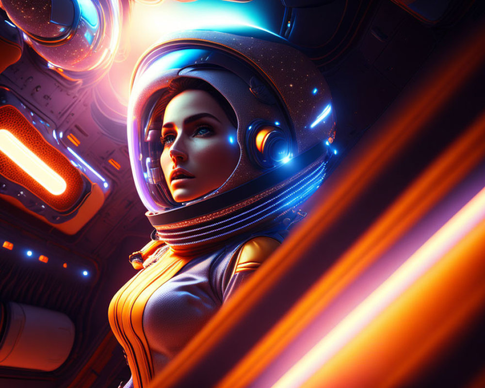 Futuristic digital artwork of woman in orange-lit spacesuit