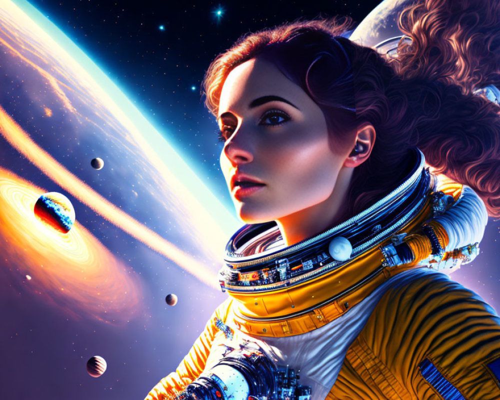 Digital artwork: Woman in futuristic spacesuit amid vibrant cosmic scenery