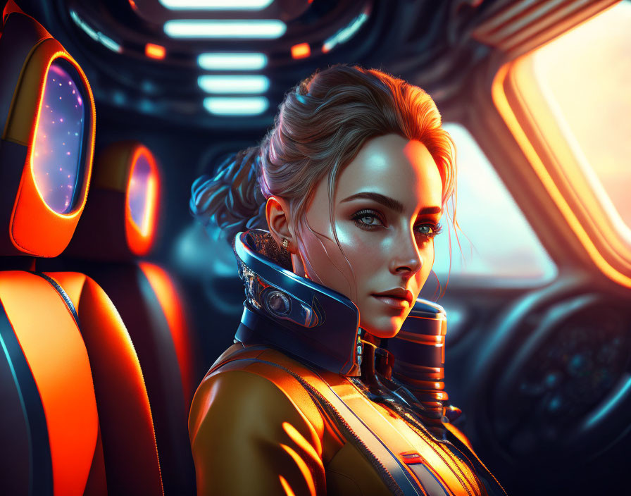 Digital artwork: Woman in futuristic spacesuit in sci-fi spacecraft