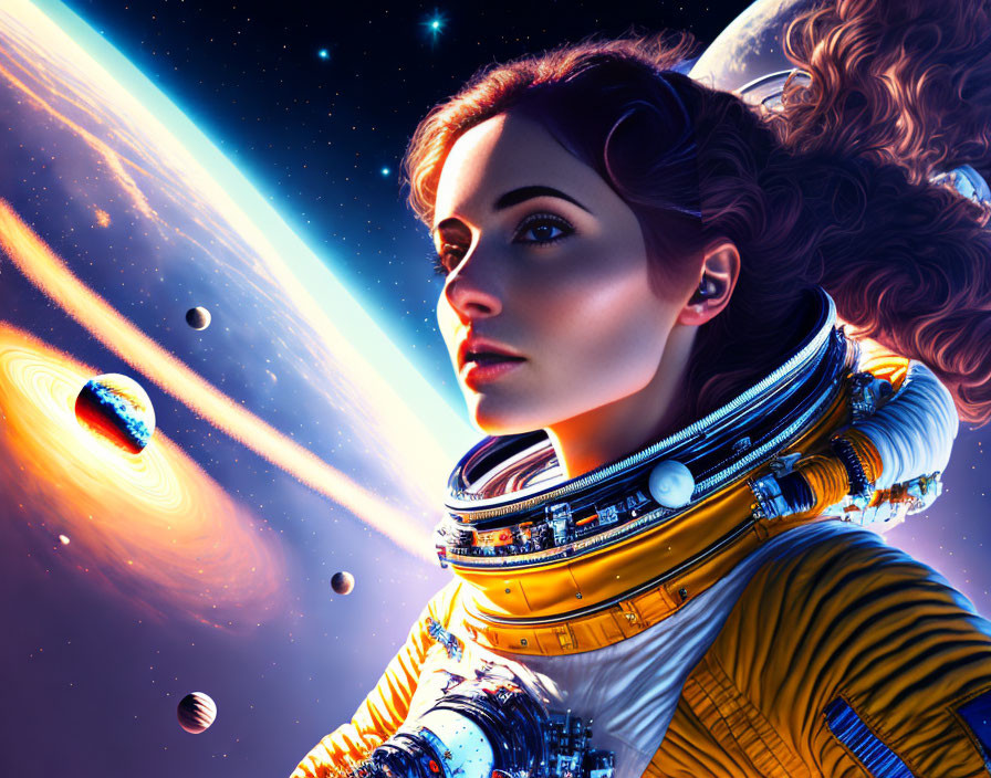 Digital artwork: Woman in futuristic spacesuit amid vibrant cosmic scenery