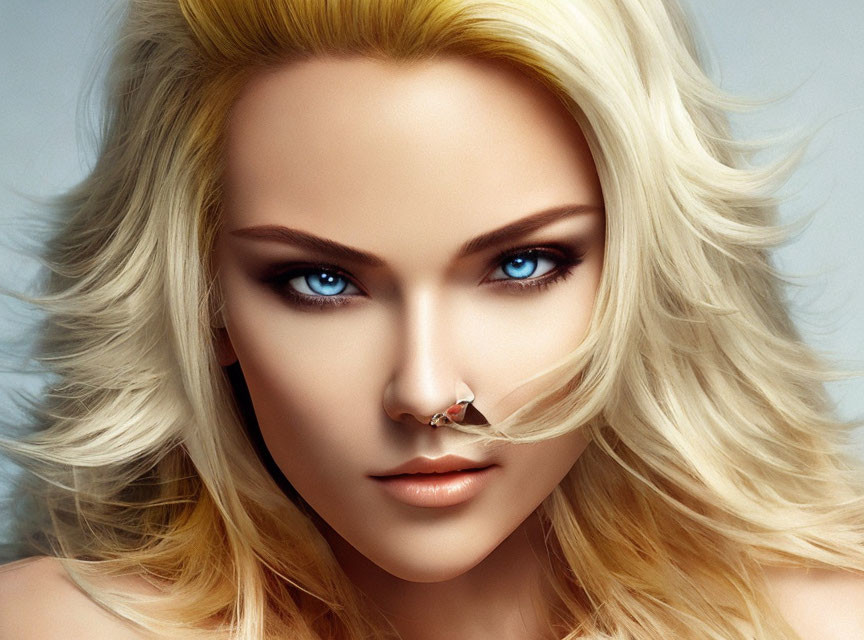 Digital artwork featuring woman with captivating blue eyes, blond wavy hair, and nose ring