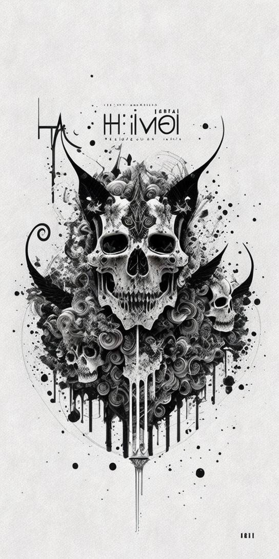 Monochrome skull art with intricate patterns and horns on white background