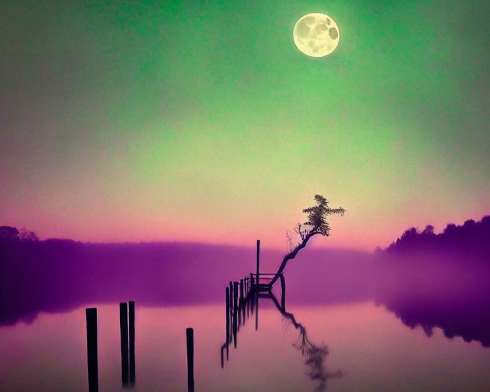 Surreal landscape with full moon, lone tree, mist-covered water & dilapidated pier