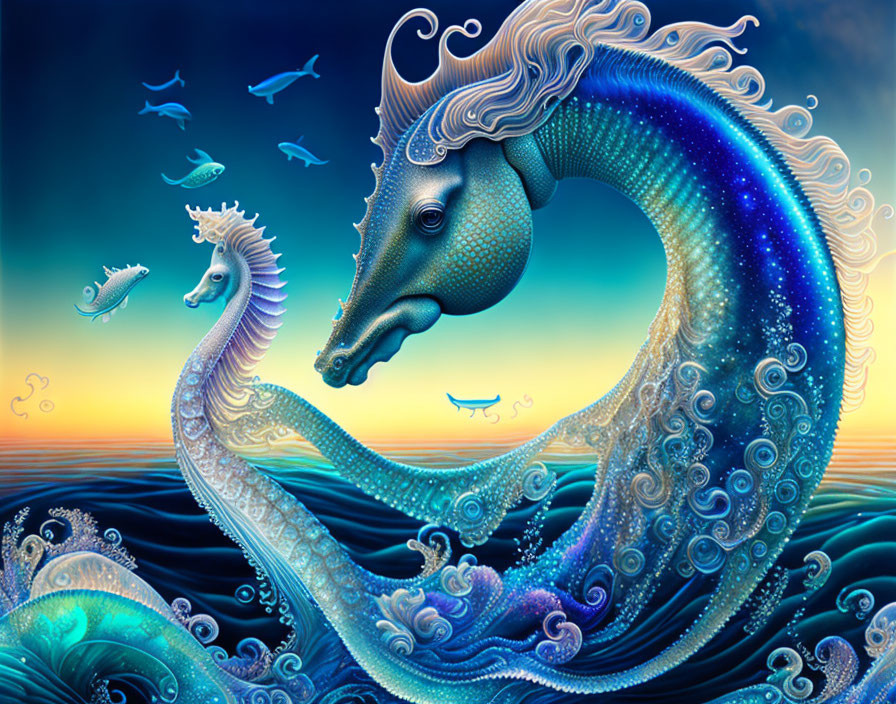 Ornate large seahorse with galaxy pattern alongside smaller seahorse in vibrant oceanic scene