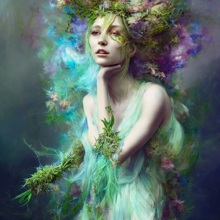 Pastel Blue-Haired Woman with Floral Adornments in Ethereal Setting
