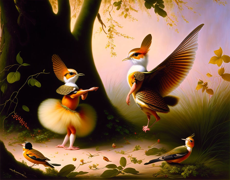 Anthropomorphic Birds Dancing in Whimsical Forest