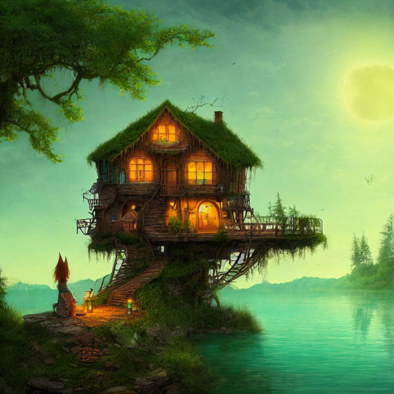 Illustration of multi-story treehouse by tranquil lake at dusk