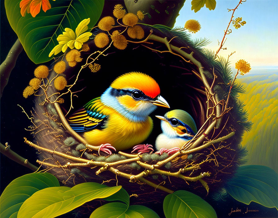 Colorful Painting: Birds Nesting in Tree Hollow with Floral Details
