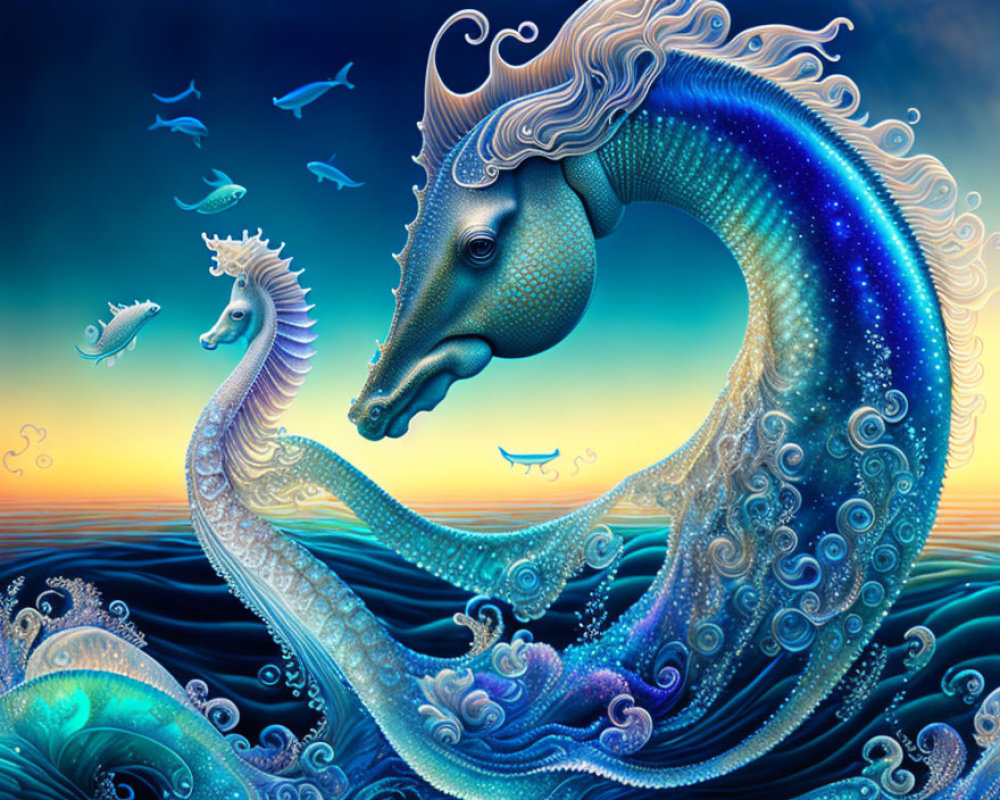 Ornate large seahorse with galaxy pattern alongside smaller seahorse in vibrant oceanic scene