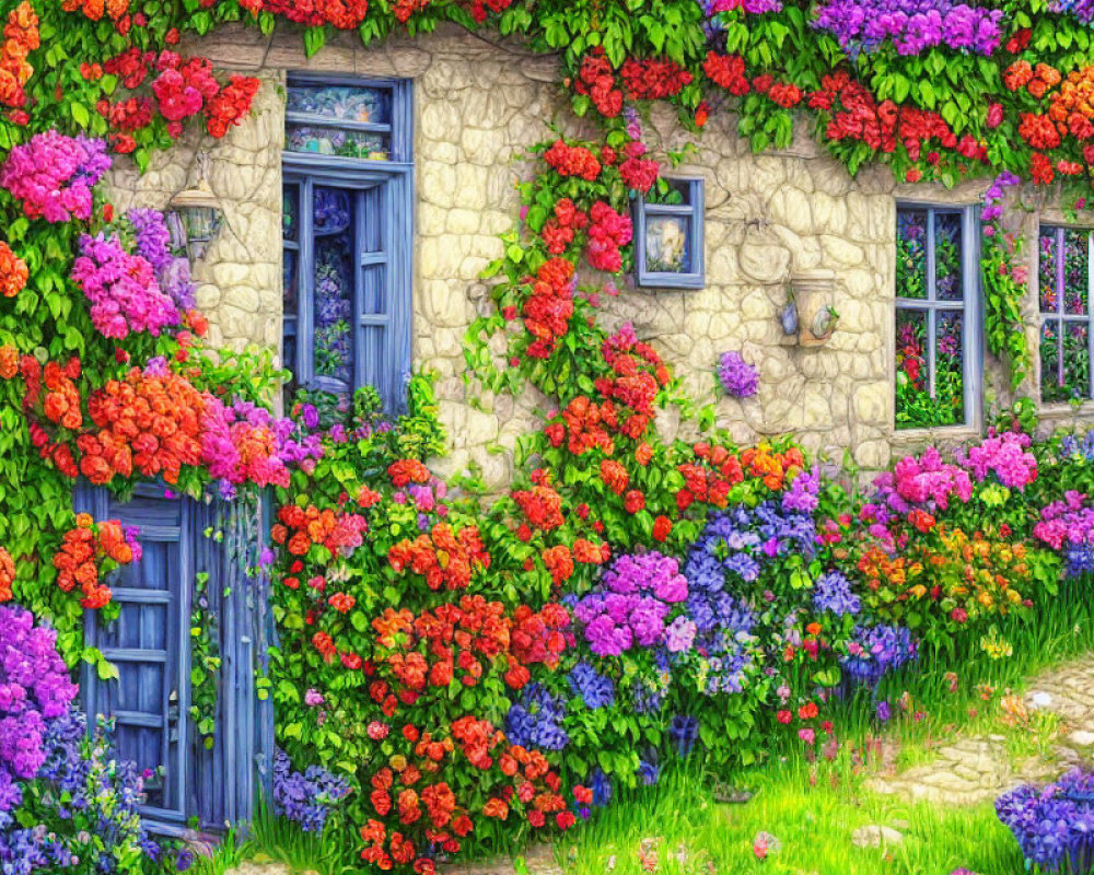 Stone Cottage Surrounded by Colorful Flowers and Blue Windows