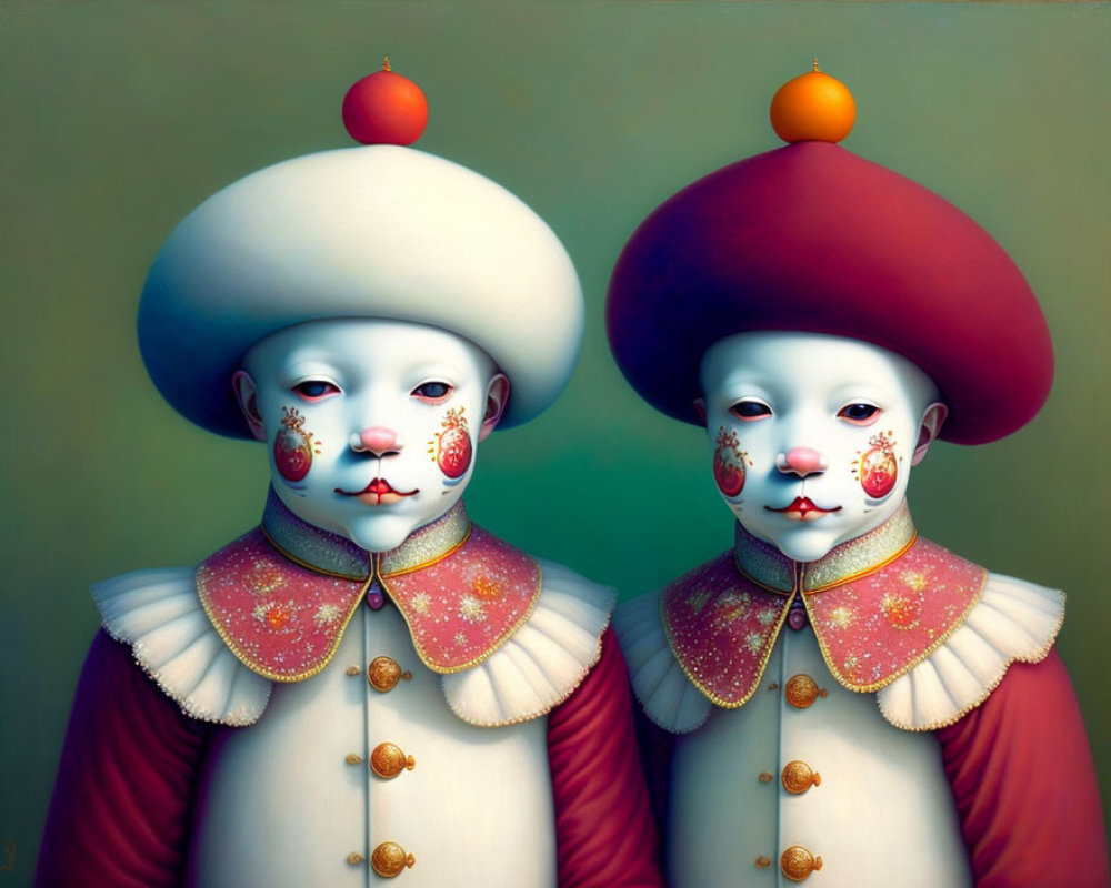 Surreal clown-like figures in vintage attire with ornate face patterns