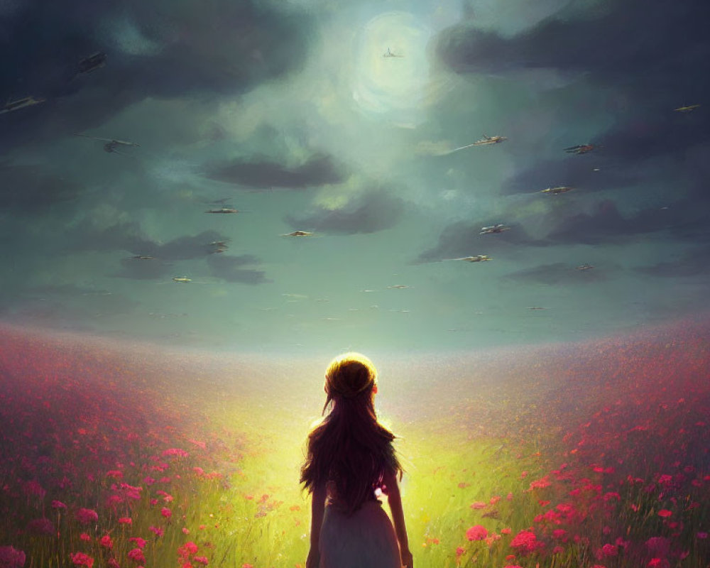 Girl in vibrant flower field with mystical sky and luminous body.