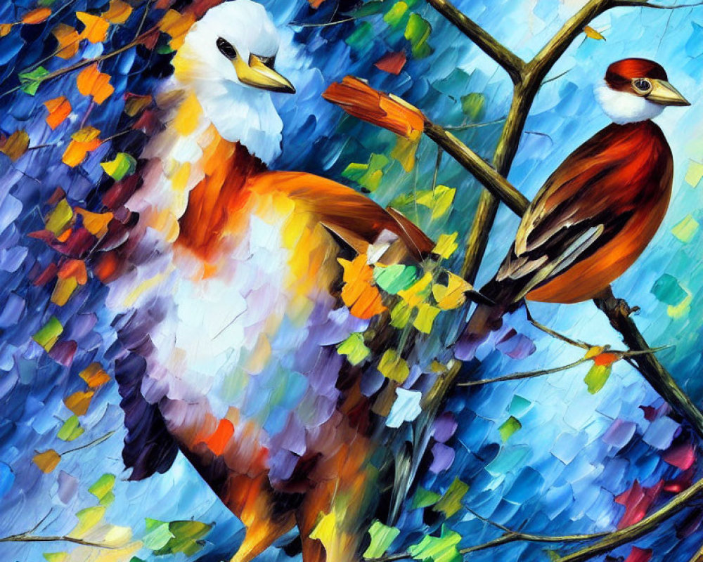 Colorful Impressionist Painting of Two Birds on Branch
