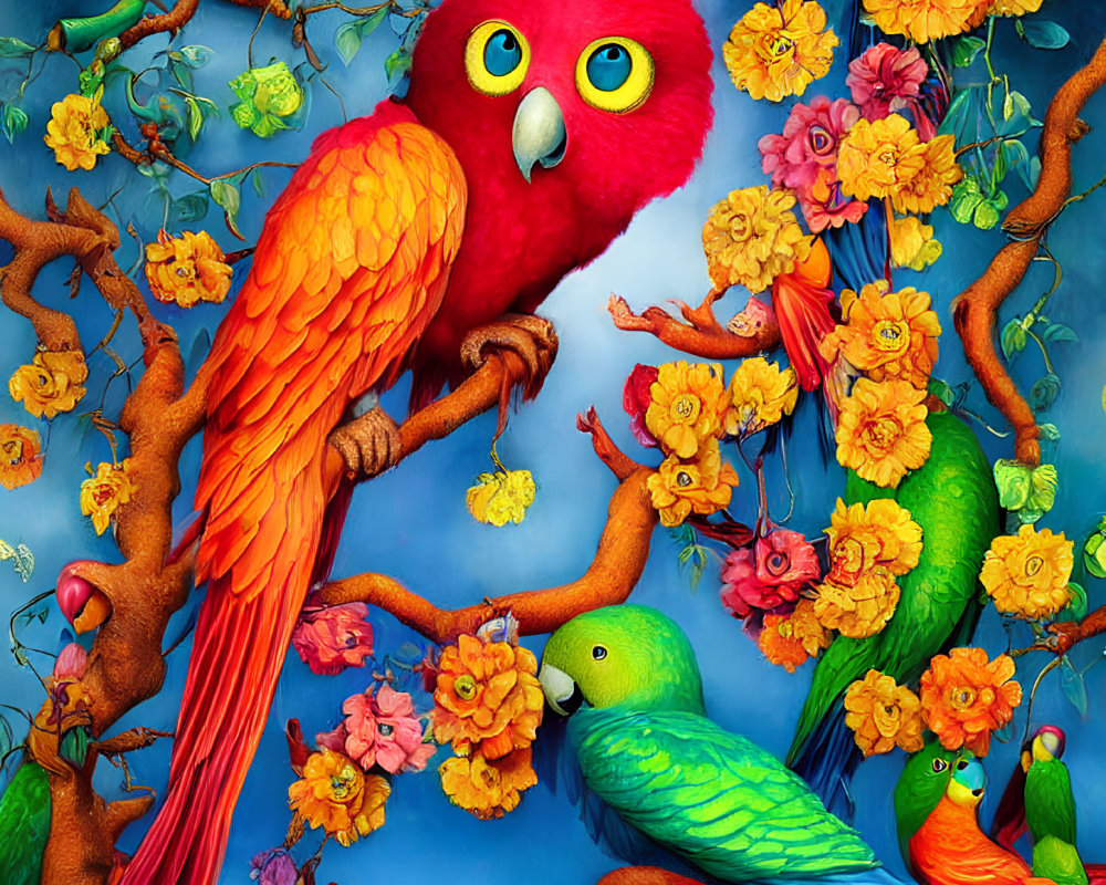 Colorful Parrots with Big Eyes on Flowered Branches in Blue Background
