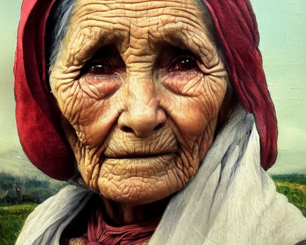 Elderly woman in red headscarf and white shawl with deep wrinkles