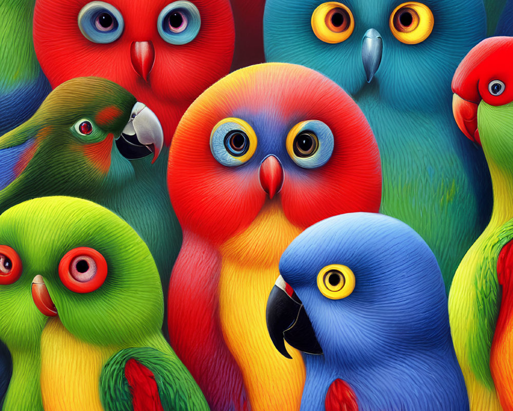 Vibrant Stylized Parrots with Expressive Eyes and Colorful Feathers