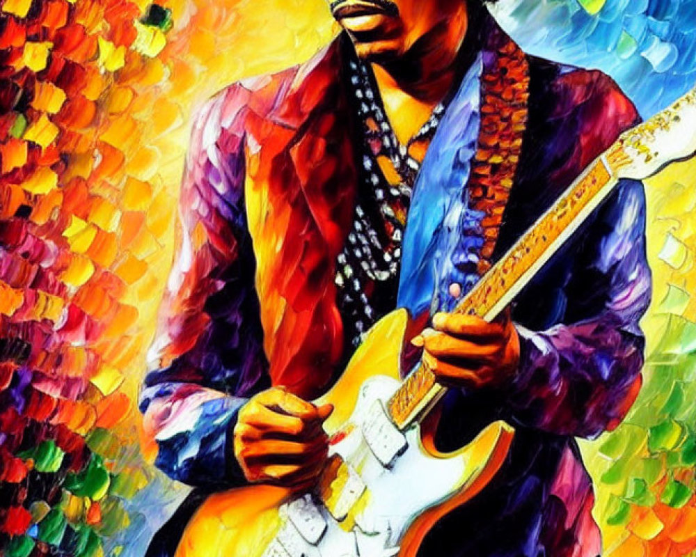 Colorful Painting: Man with Afro Playing Electric Guitar in Psychedelic Surroundings