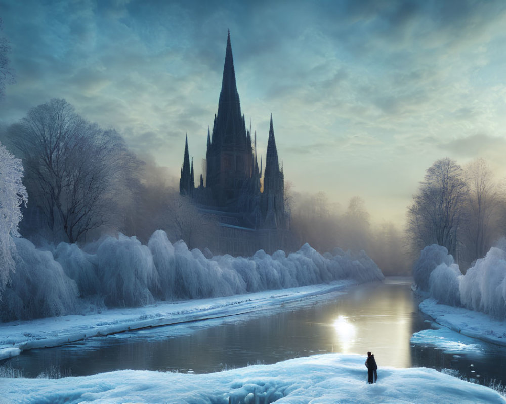 Snow-covered winter landscape with person, river, and gothic castle at dusk