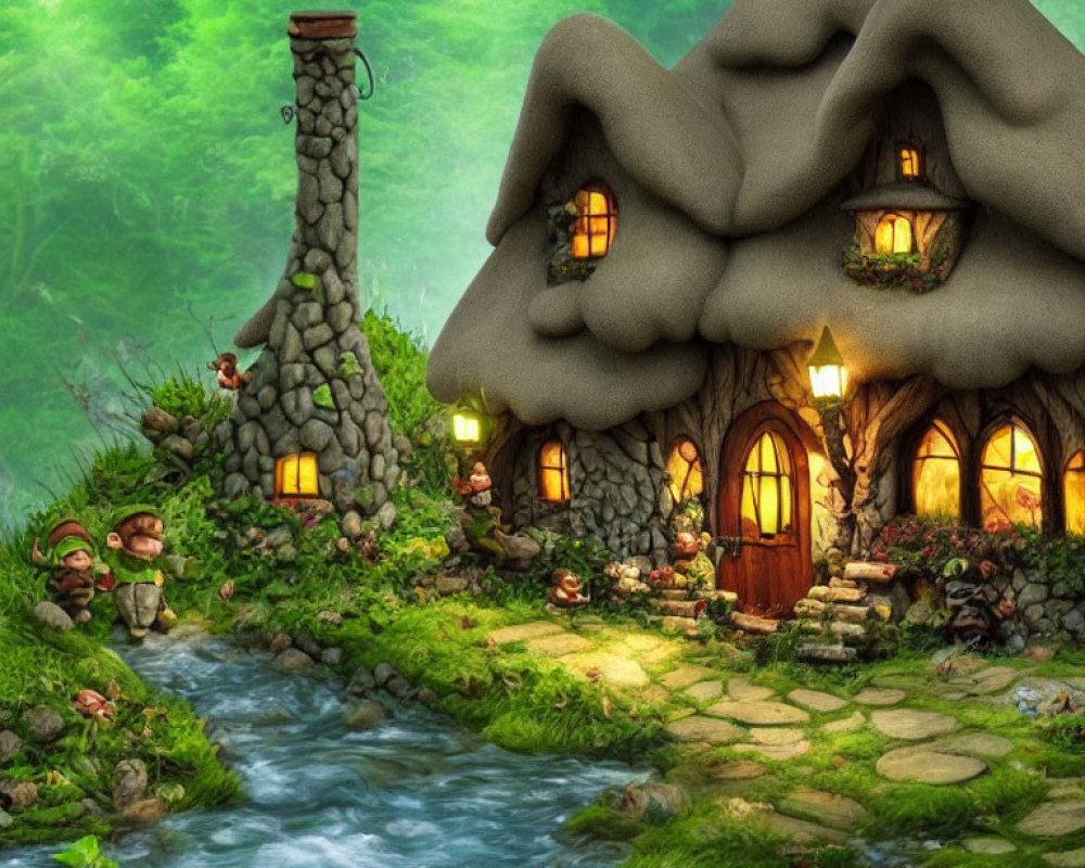Whimsical cottage with thatched roof in lush forest