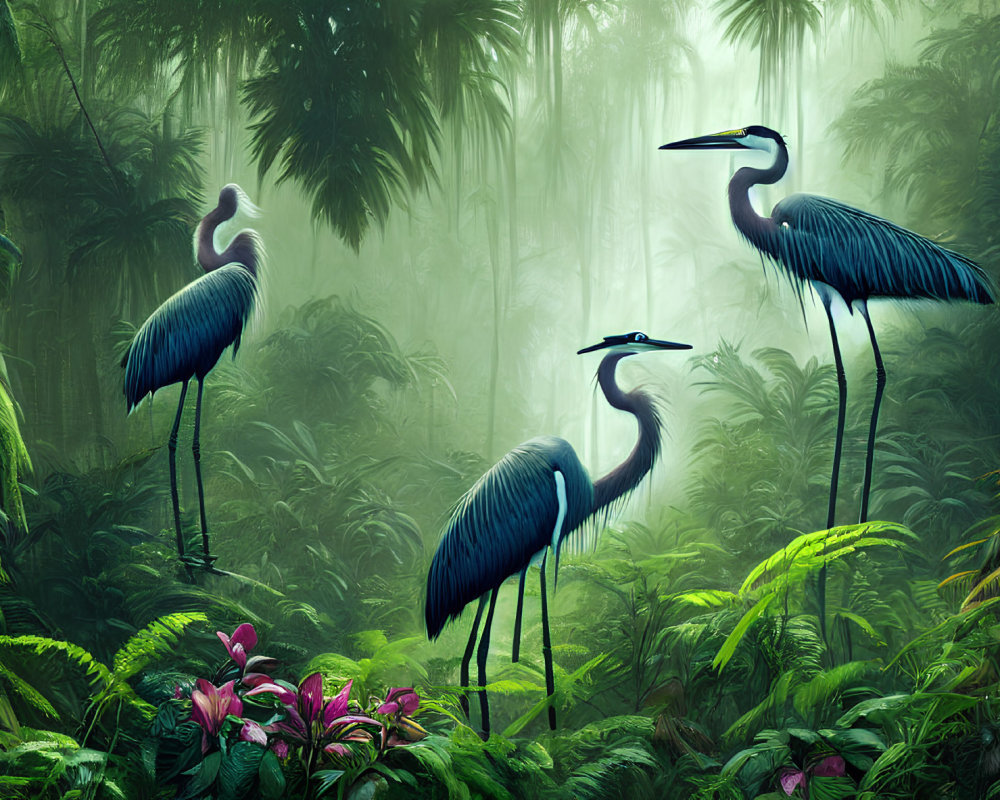 Three herons in lush, foggy forest with green foliage and pink flowers