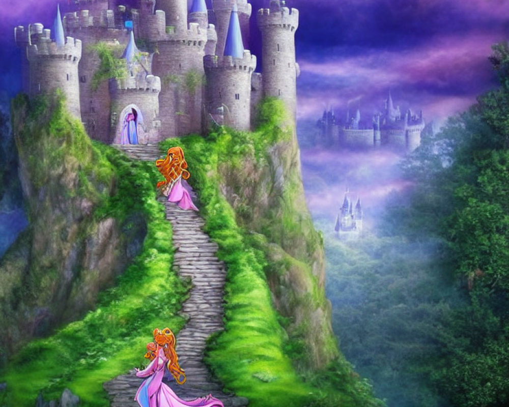 Princess in Pink Dress Approaches Stone Castle on Cliff