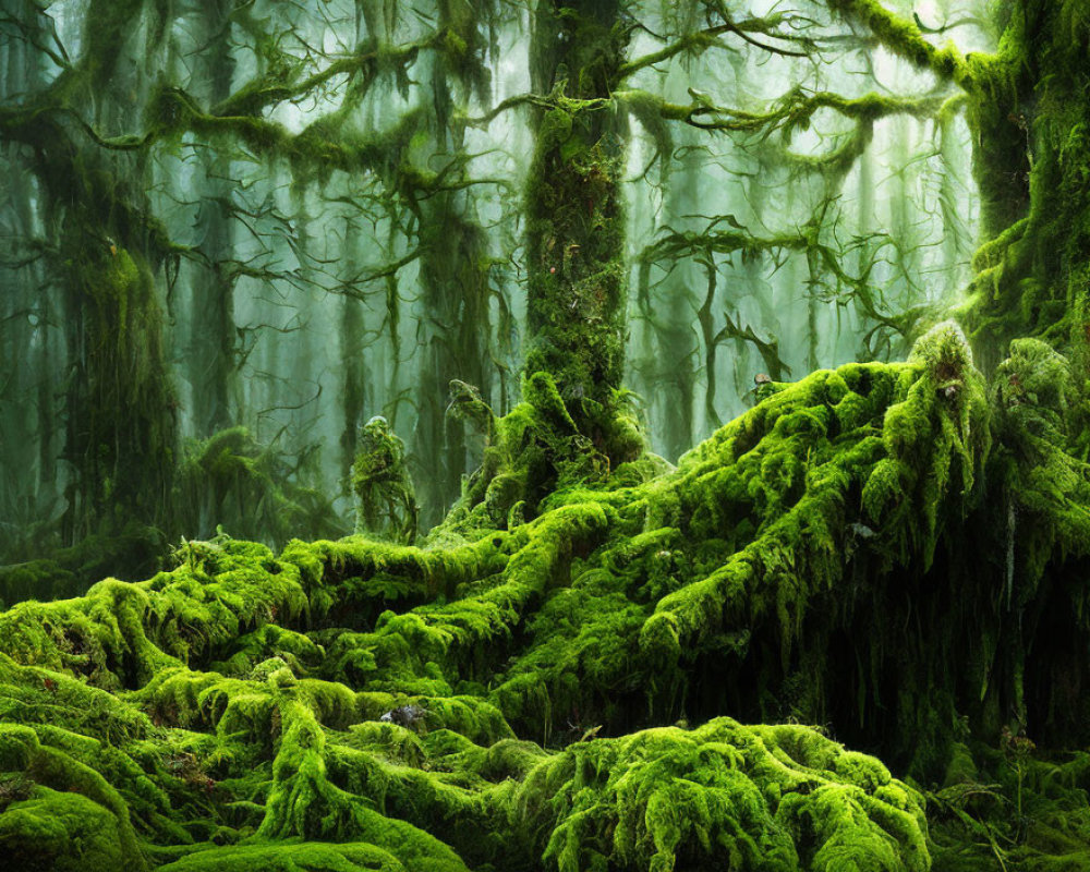 Verdant moss-covered forest floor and tree branches in misty scene