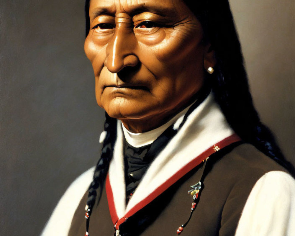 Native American man with braided hair in traditional attire portrait.