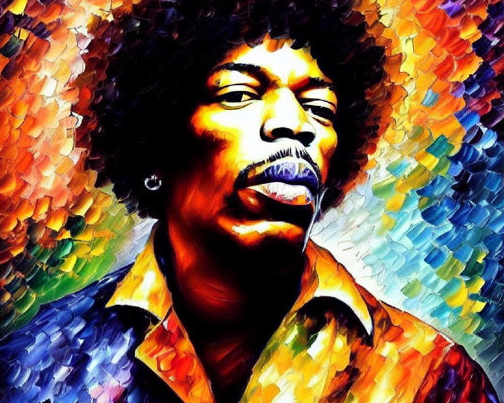 Vibrant portrait of a man with afro and jacket on abstract background