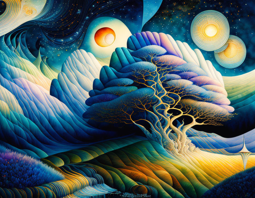 Colorful surreal landscape with central tree and celestial bodies