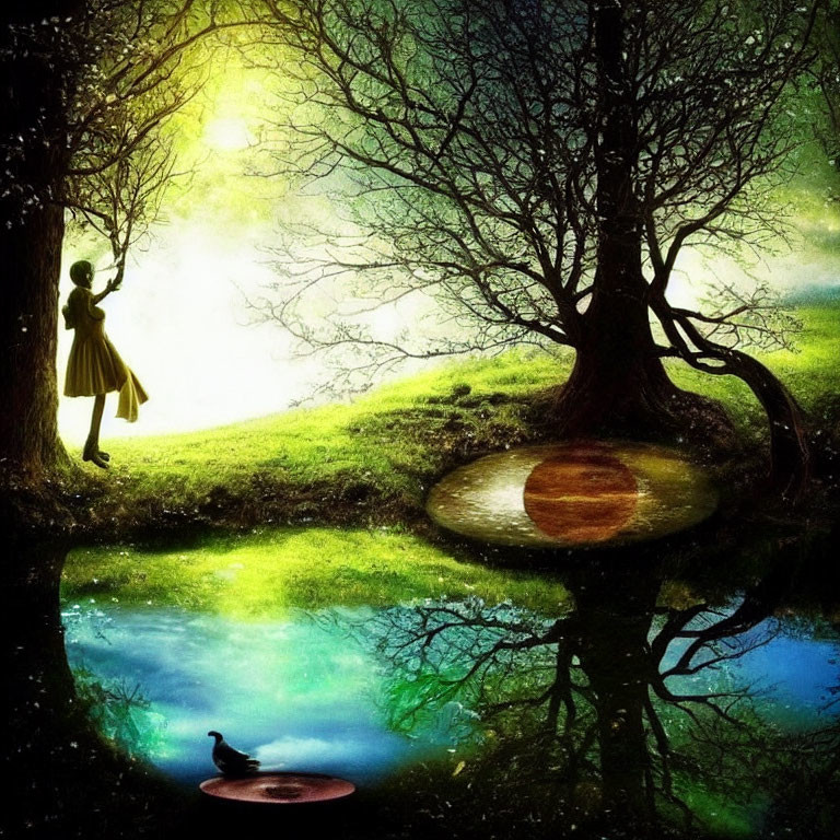 Colorful surreal artwork: Child under glowing tree by reflective pond
