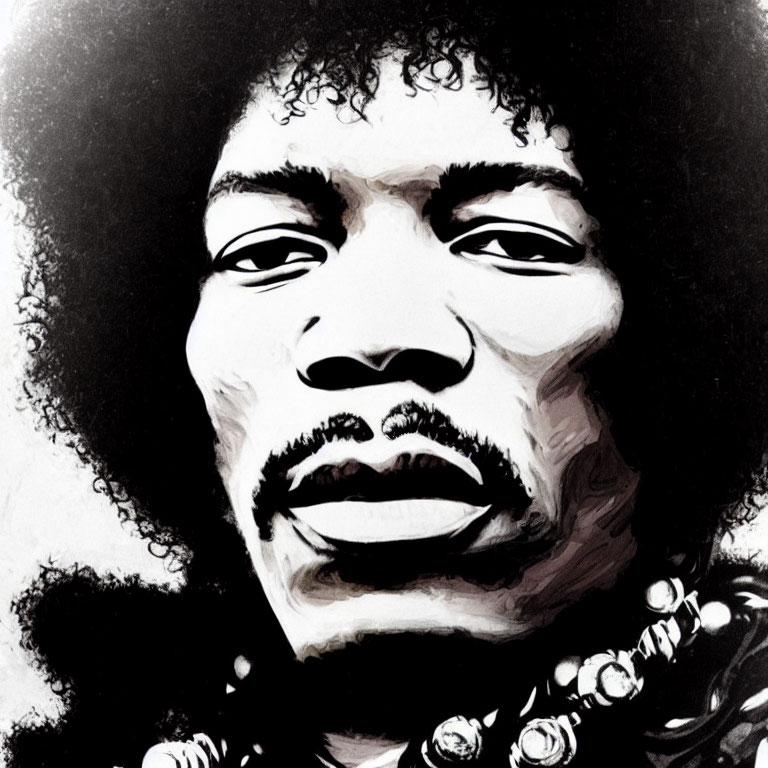 Monochrome portrait of man with afro and headband, bold lines