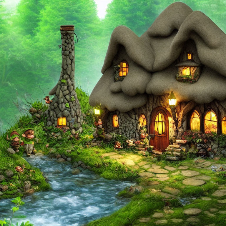 Whimsical cottage with thatched roof in lush forest