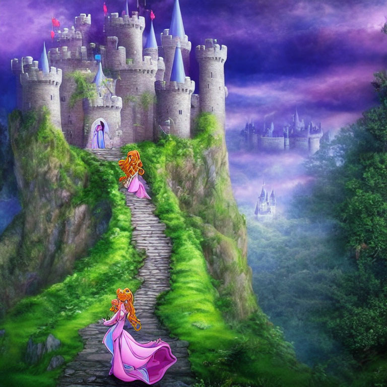 Princess in Pink Dress Approaches Stone Castle on Cliff