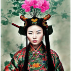Traditional Asian Attire with Elaborate Pink Flower Headdress