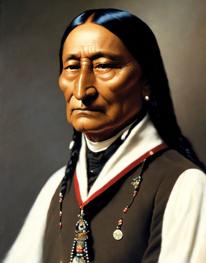 Native American man with braided hair in traditional attire portrait.