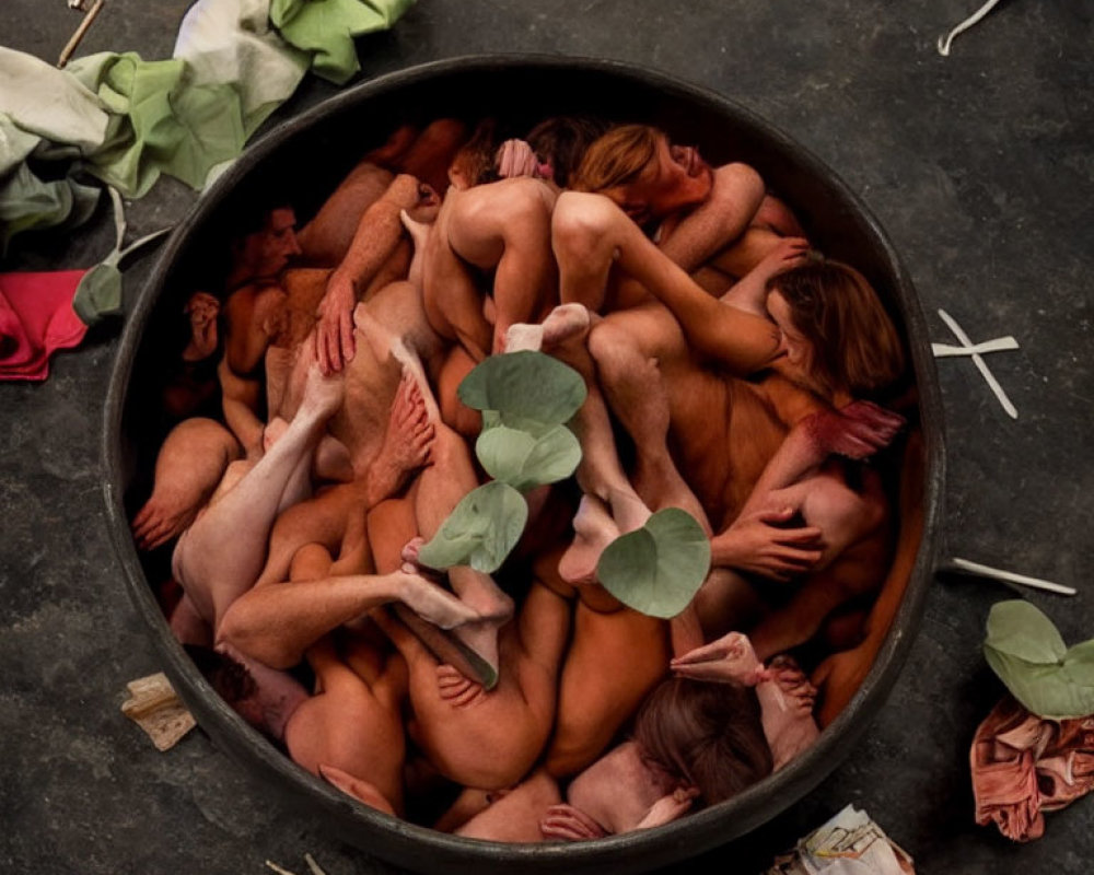 Interwoven human figures in circular container with scattered objects