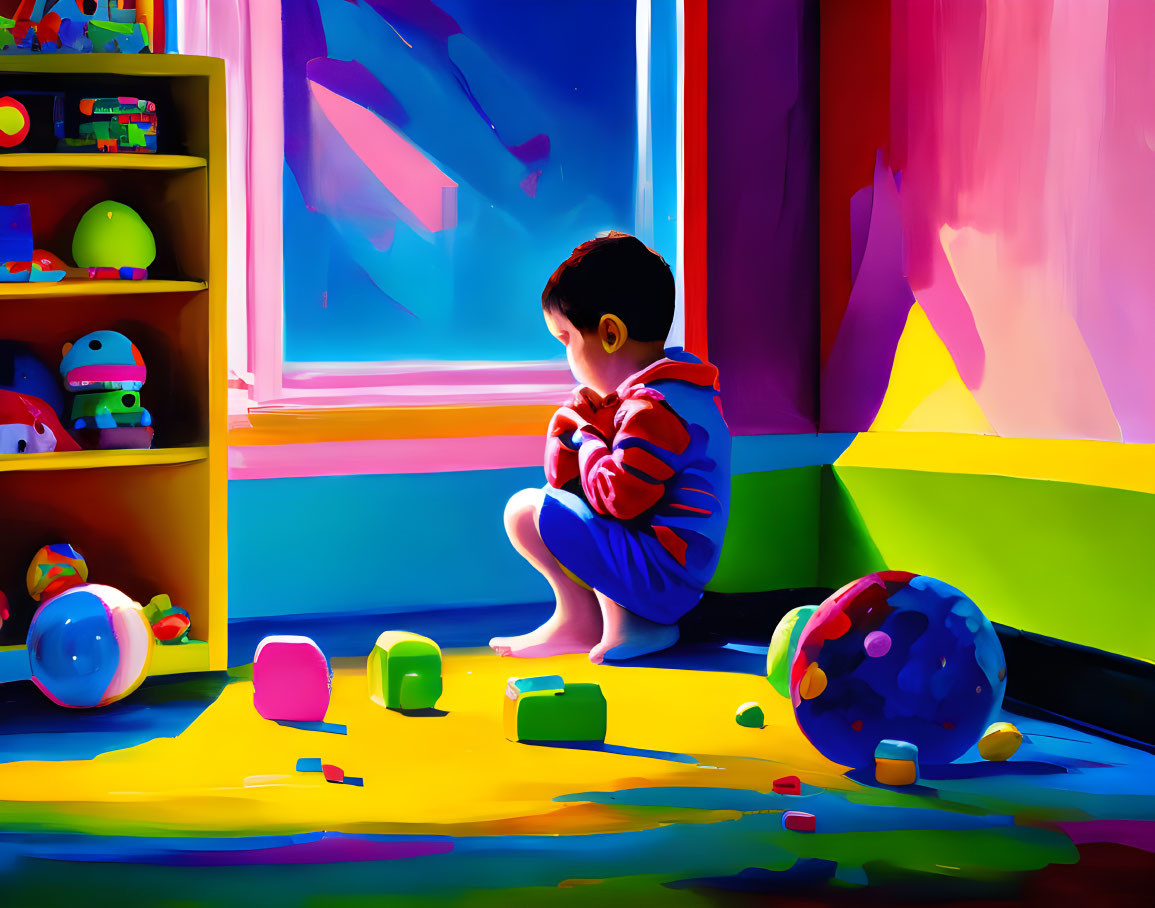 Colorful Room: Child Playing with Toys in Vibrant Illustration