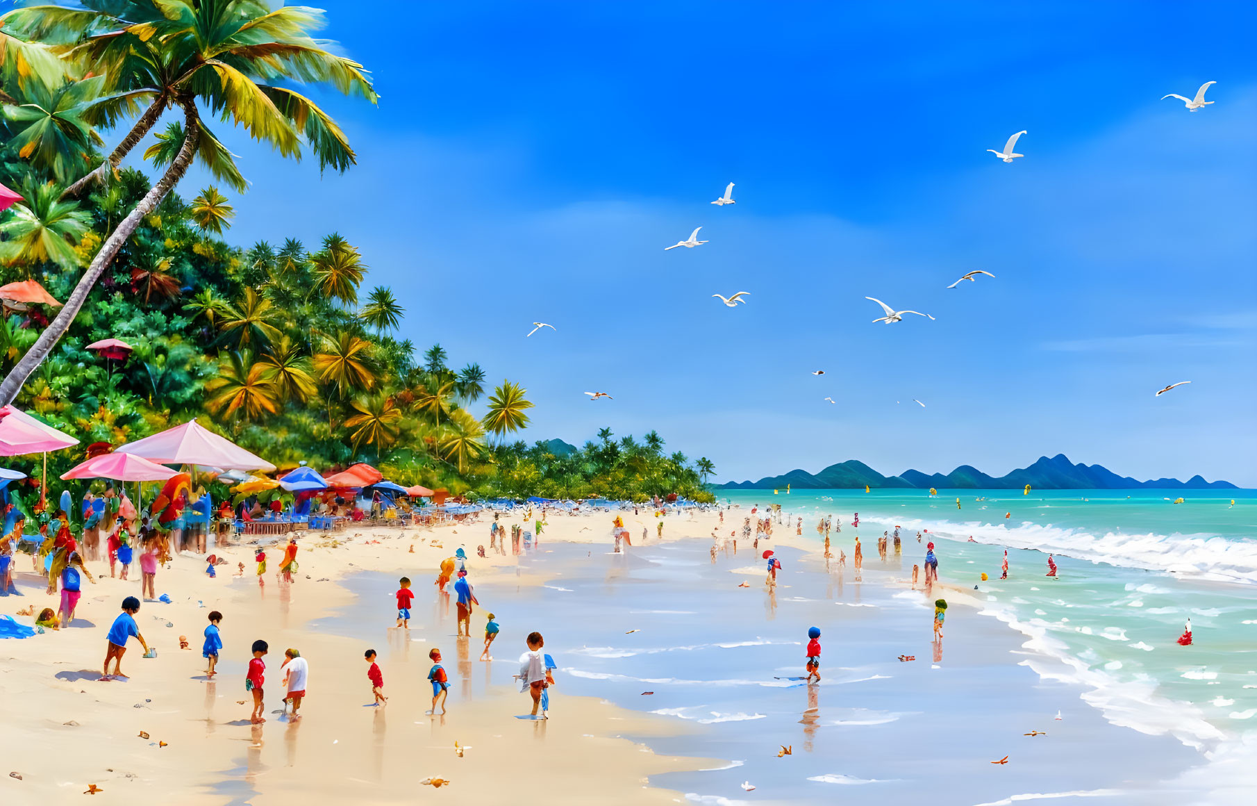 Beach scene with strolling people, flying seagulls, palm trees, and blue sky