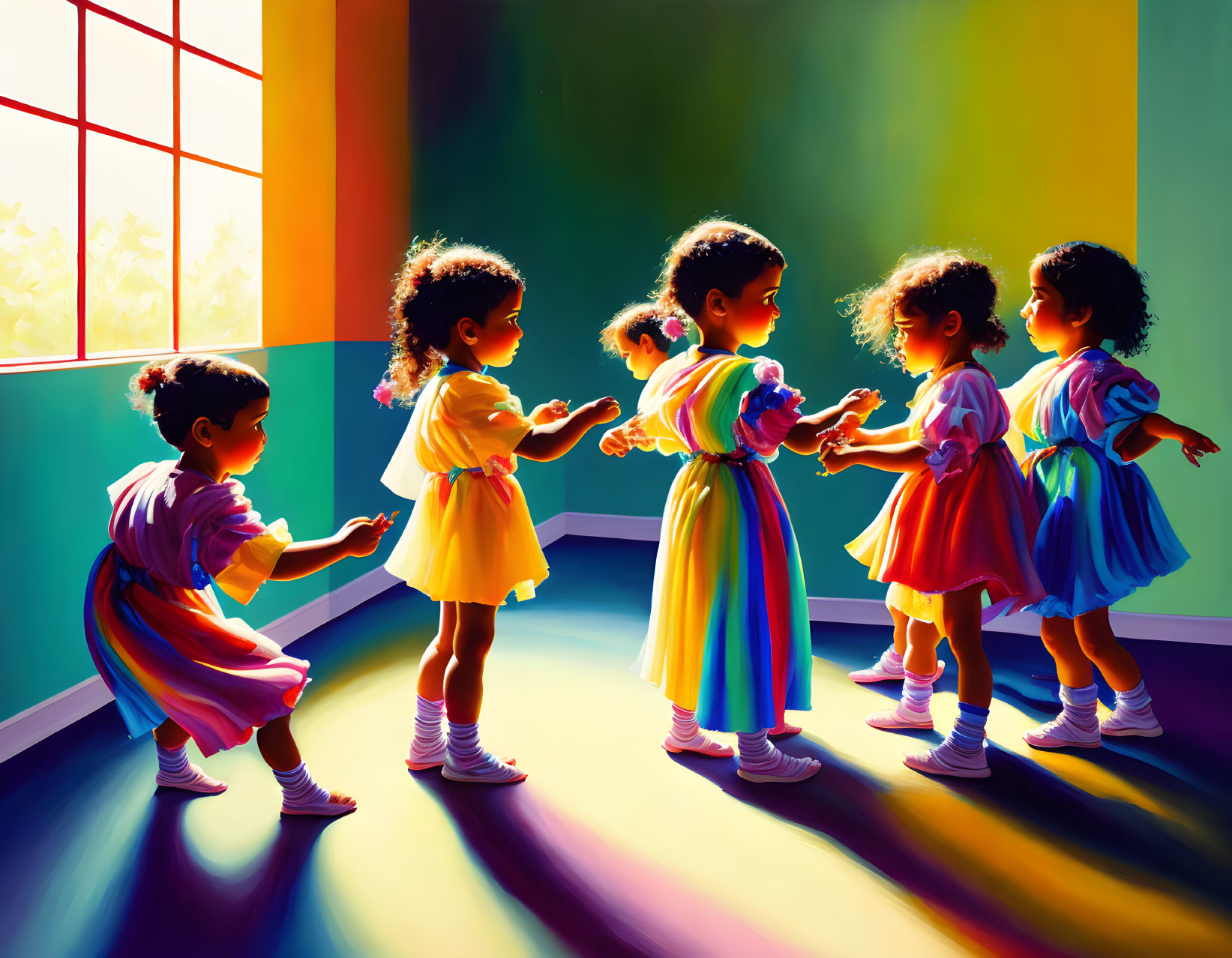 Vibrant illustration of six girls playing in sunlight-filled room