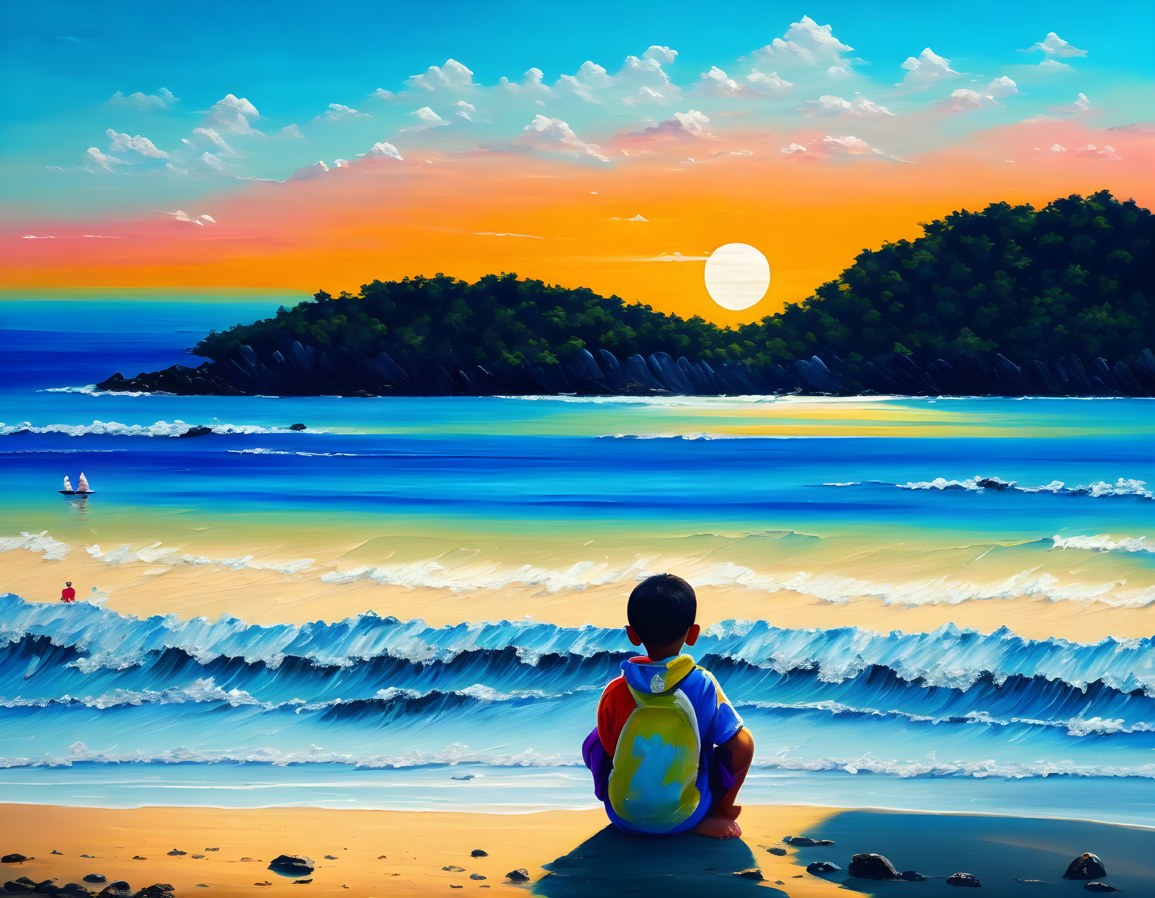 Child with backpack on beach gazes at sunset over tranquil sea