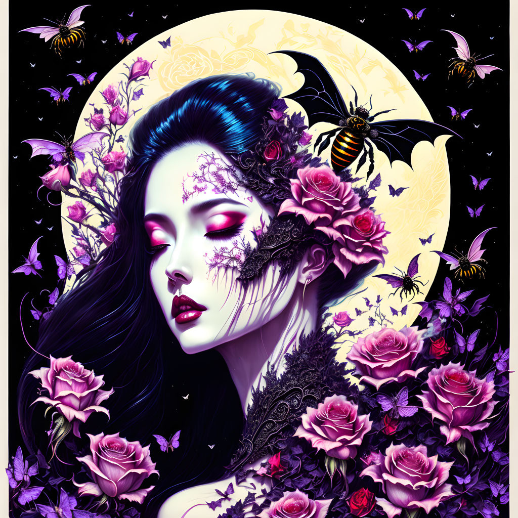 Woman adorned with purple flowers and lace, surrounded by bees under moonlit sky