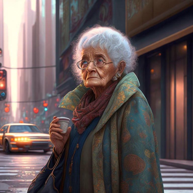 Elderly woman with white hair and glasses holding coffee cup on city street.