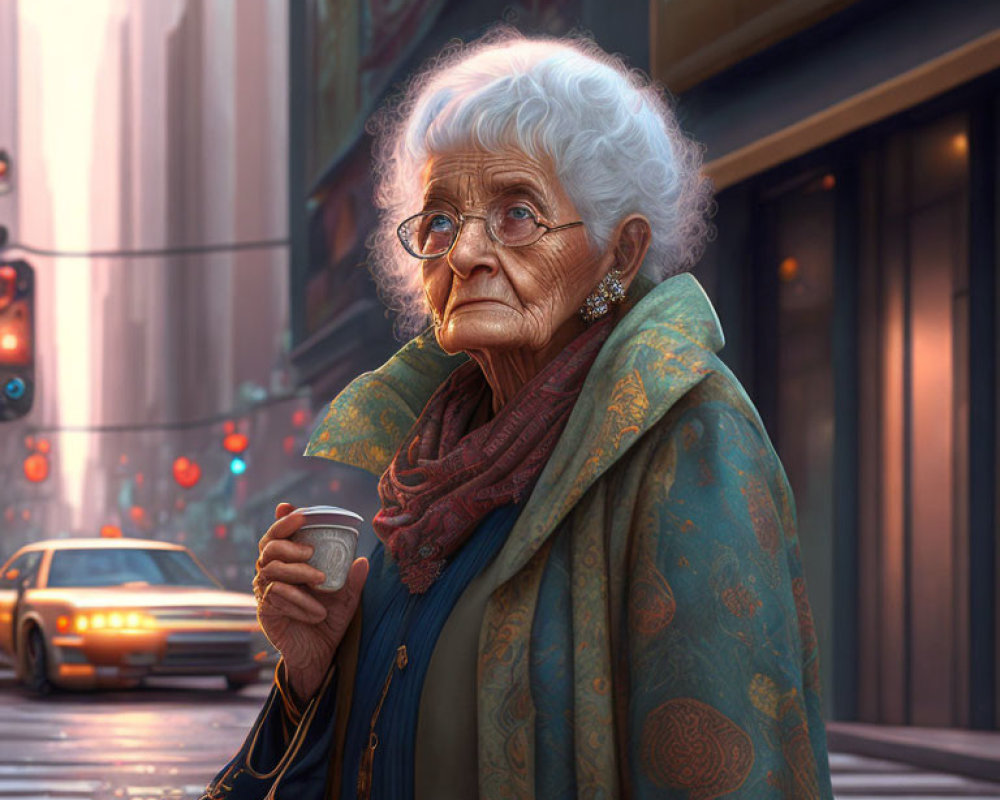 Elderly woman with white hair and glasses holding coffee cup on city street.